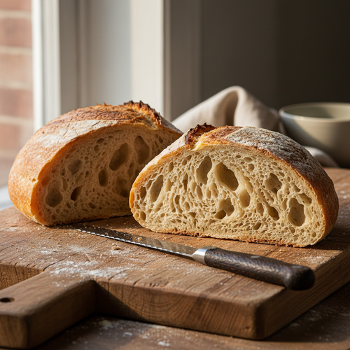 Country sourdough sliced open showing open crumb on a wooden board