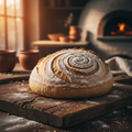 Round white sourdough boule with scored crust on a wooden board