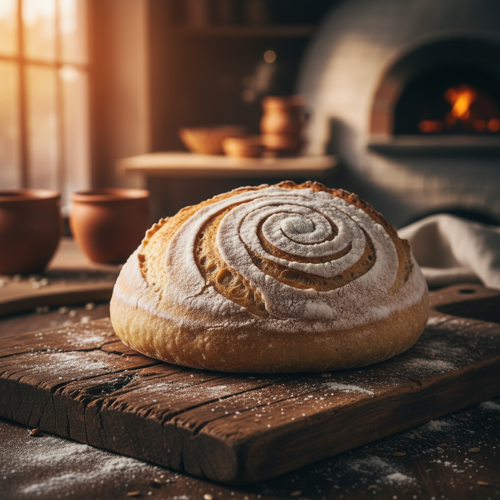 Round white sourdough boule with scored crust on a wooden board