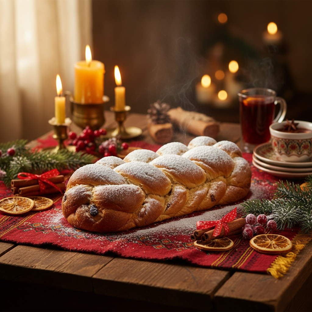 Whole cozonac loaf on a festive table with candles