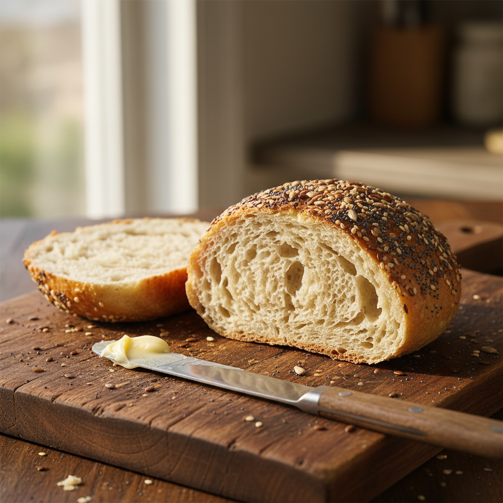 Sourdough seed bun split open showing fluffy interior