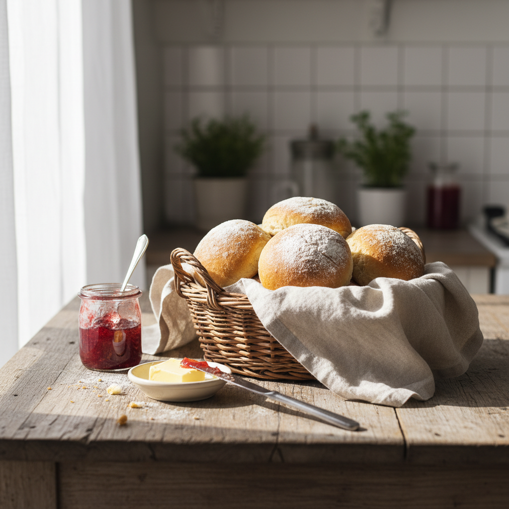Fresh buns in a wicker basket with jam and butter