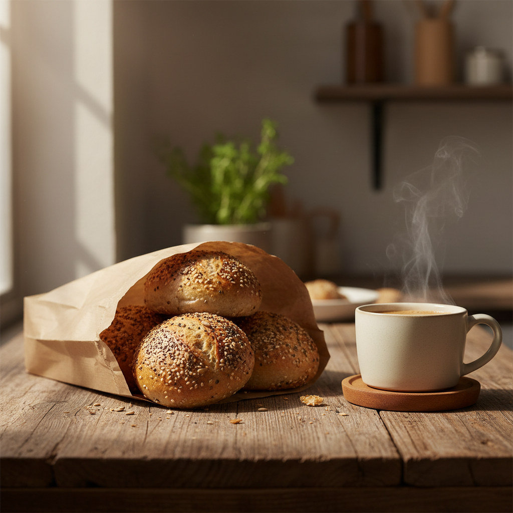 Sourdough seed buns in a paper bag with coffee