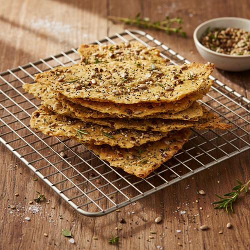 Crispy sourdough crackers with seeds on a wire rack