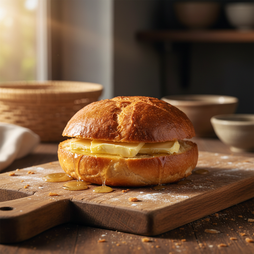 Golden bun split open with melting butter