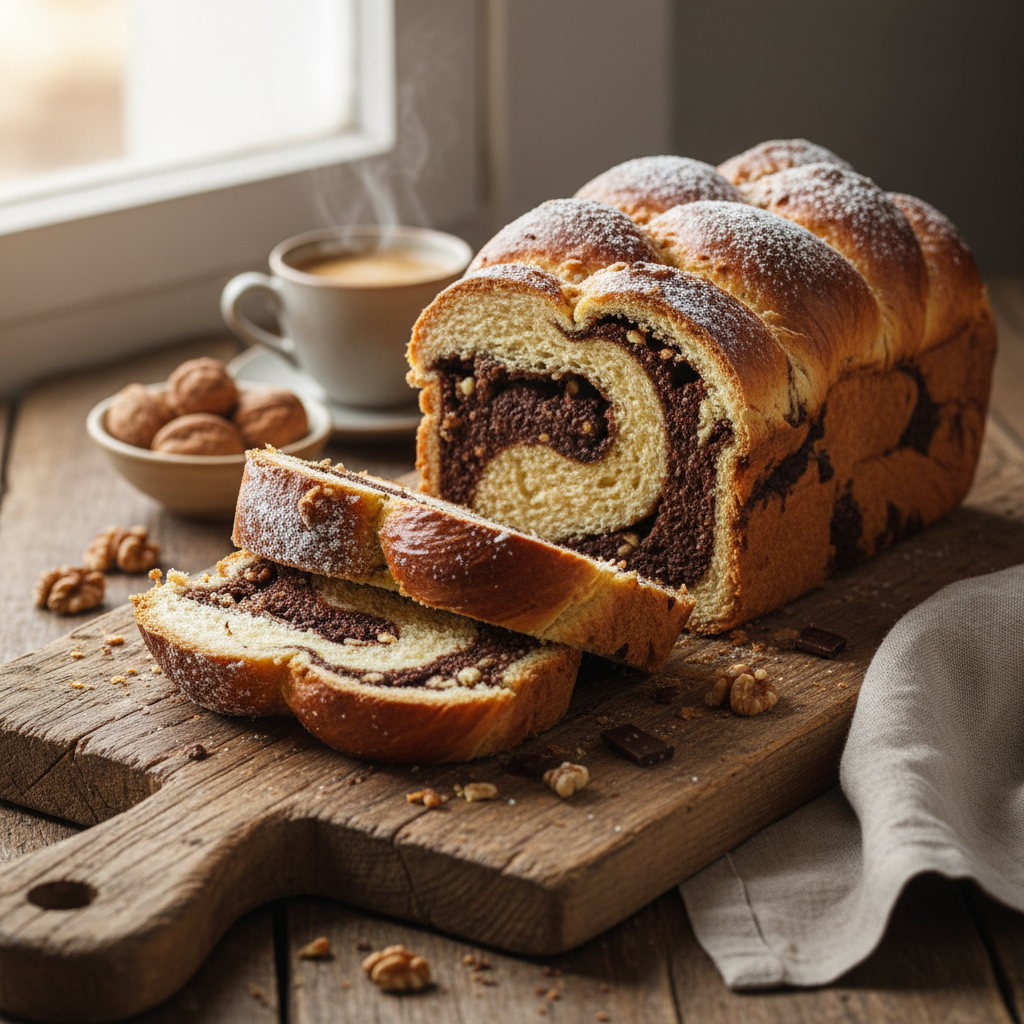 Romanian cozonac sweet bread sliced to show chocolate walnut filling