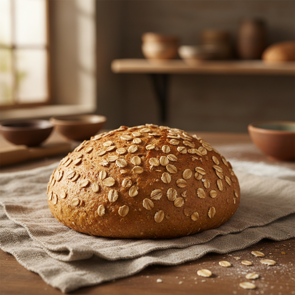 Small wholemeal bread loaf topped with rolled oats