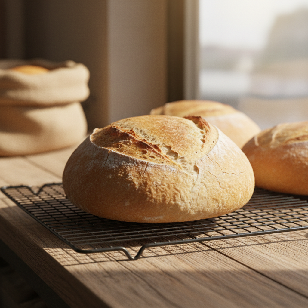 Round white sourdough boule on a wire cooling rack