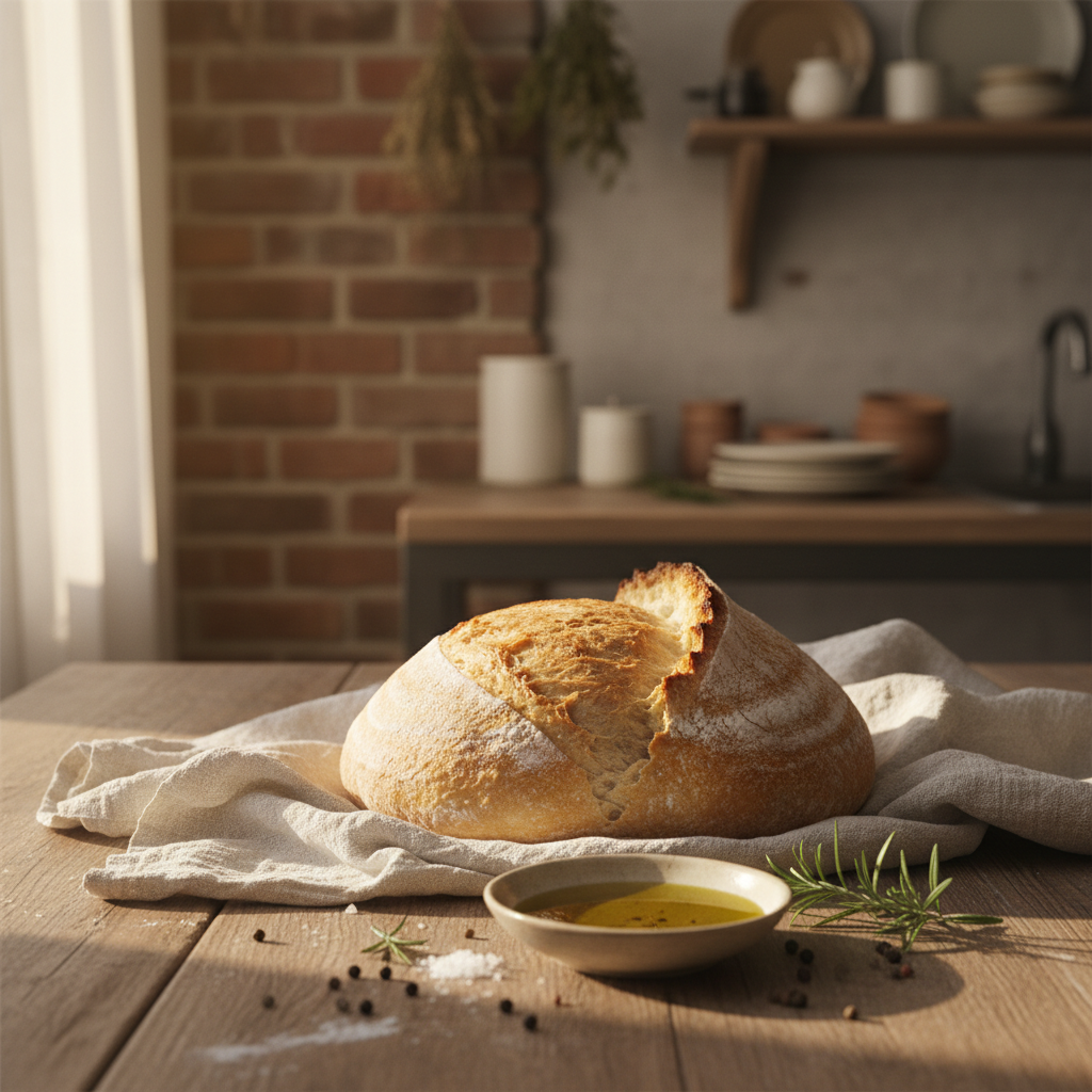 White sourdough boule with olive oil and sea salt for dipping