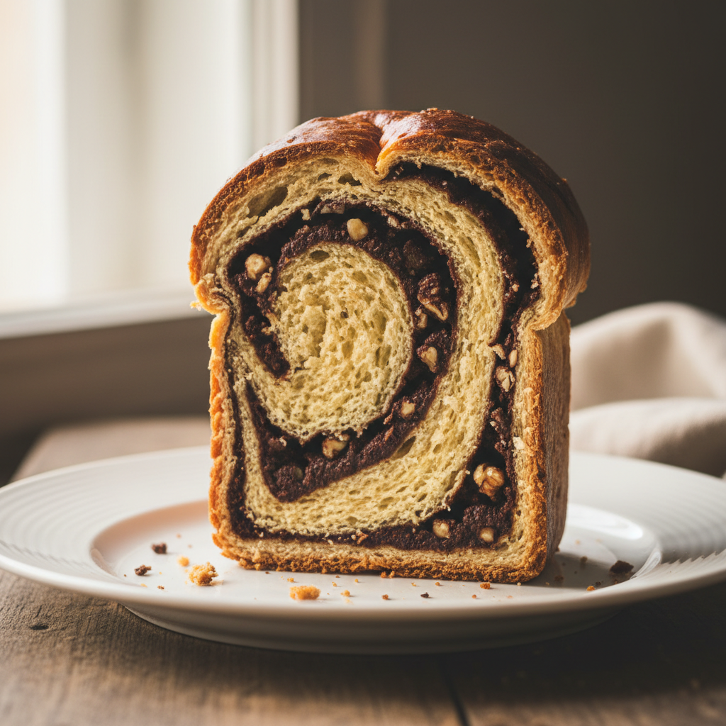 Cozonac slice showing chocolate walnut swirl filling