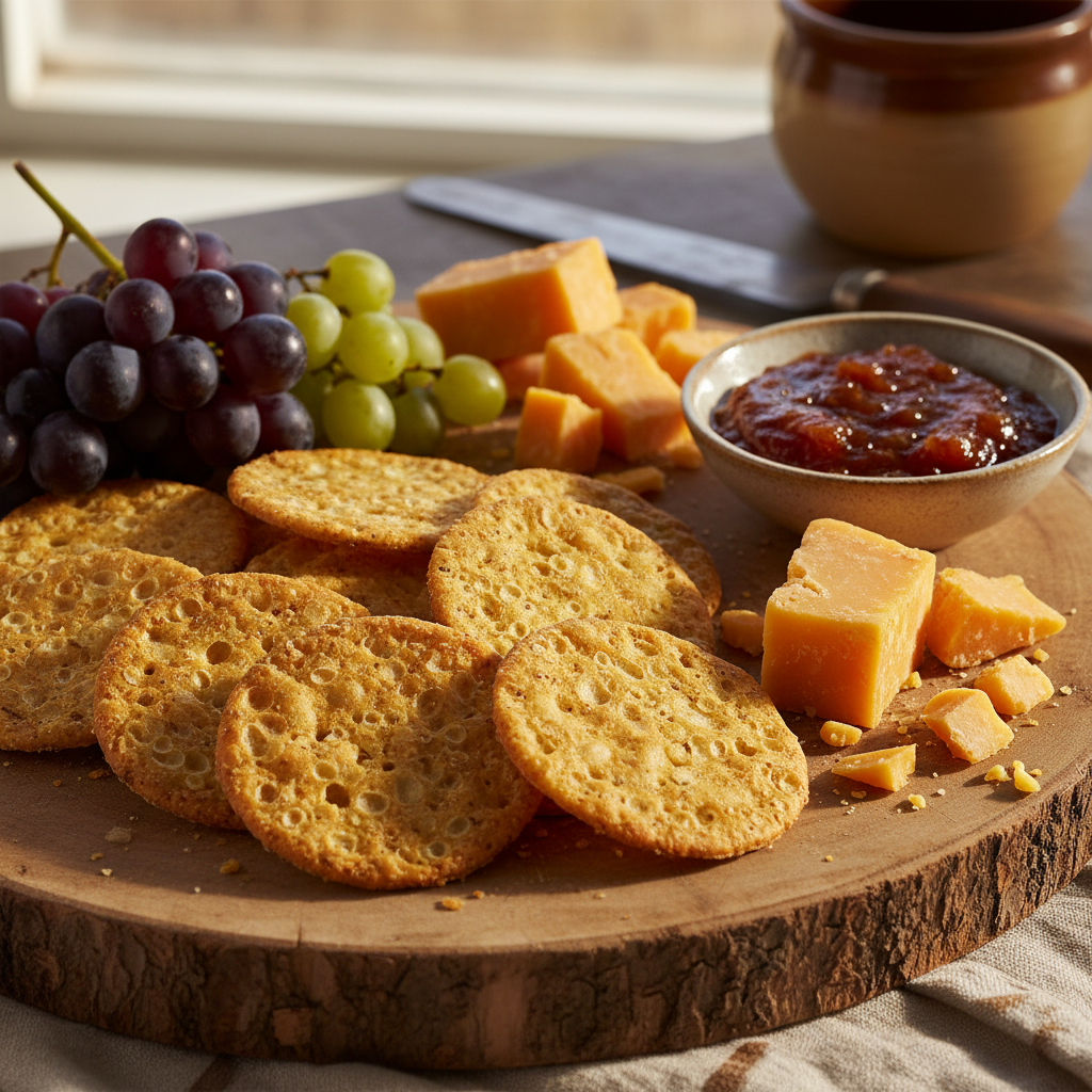 Sourdough crackers on a cheese board with cheddar and grapes