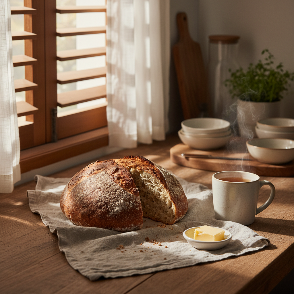 Country sourdough loaf with butter and tea in a cosy kitchen setting